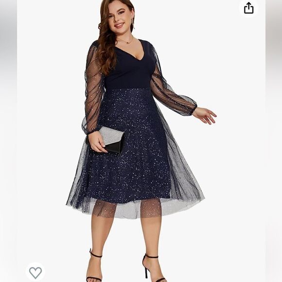 Plus Size Mesh Cocktail Party Dress V Neck Long Sleeve Sheer Formal Midi Dress - Picture 2 of 14